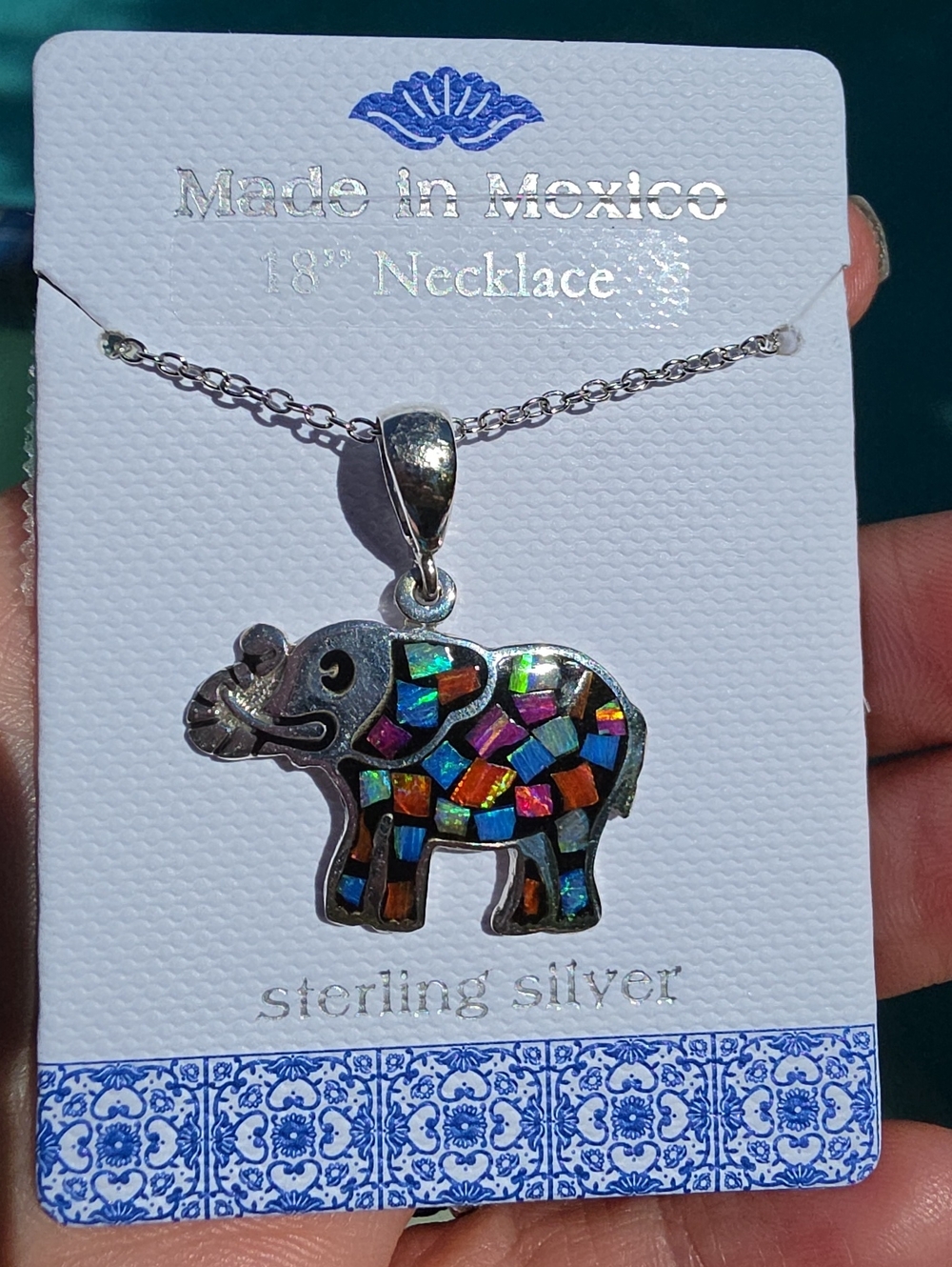 Sterling Silver Elephant Pendant Necklace with Multicolor Opal Inlay New